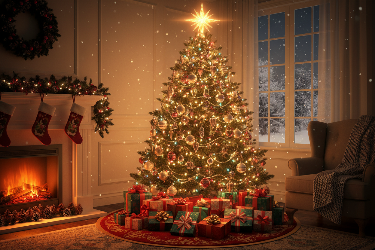 świąteczna grafika z choinką i prezentami pod nią